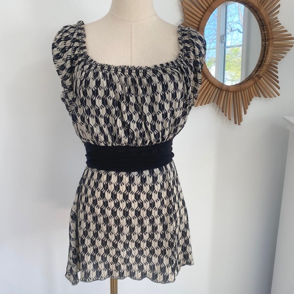 Max Studio Tops - Vintage Y2K Boatneck Max Studio Petite Blouse Cream Black Pattern Office Siren